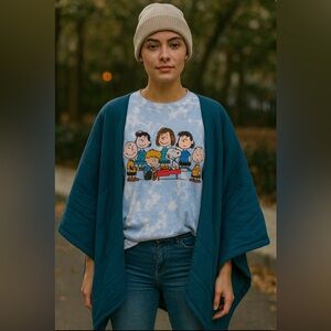 Custom Upcycled The Peanuts Tie Dye Graphic Tee Blanket Sleeves Poncho OSFM OOAK